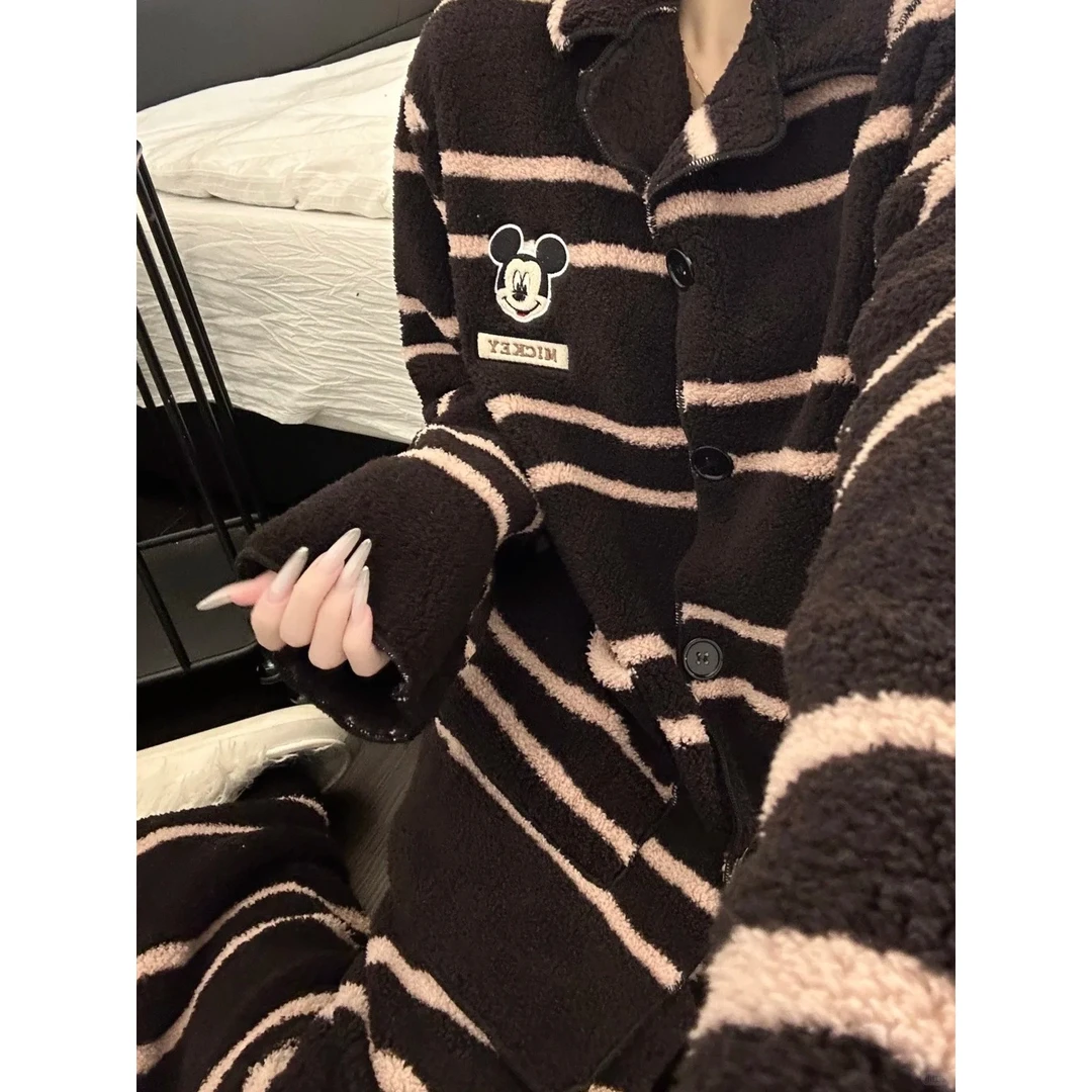 慵懒风条纹米奇珊瑚绒可外穿睡衣女韩系冬季新款套装保暖家居服
