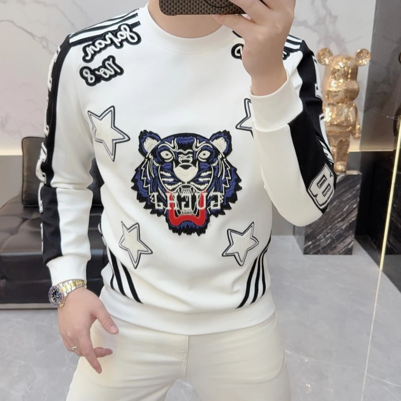 2025秋冬新款潮牌重工虎头刺绣个性圆领男士百搭长袖卫衣打底衫