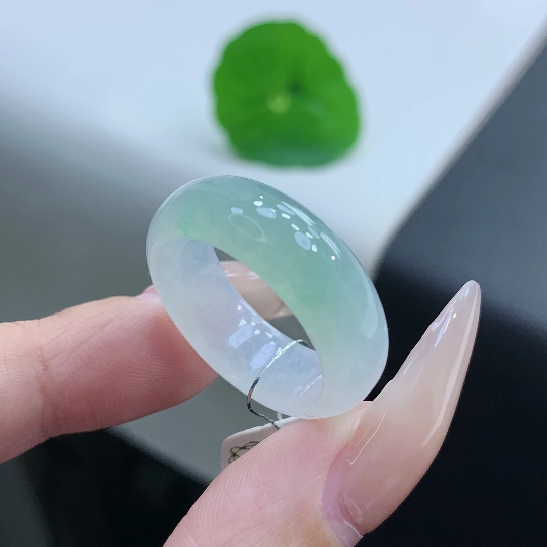 20-21号 缅甸天然A货翡翠 冰绿半山半水宽版戒指尺寸19-7.8-3.8mm