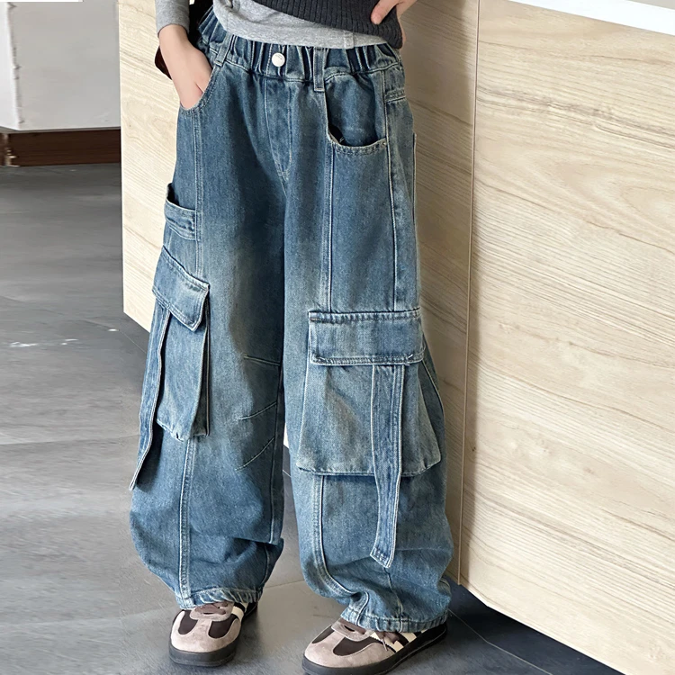 女童牛仔裤春秋装爆款2025新款洋气时髦女孩高级感宽松工装阔腿裤