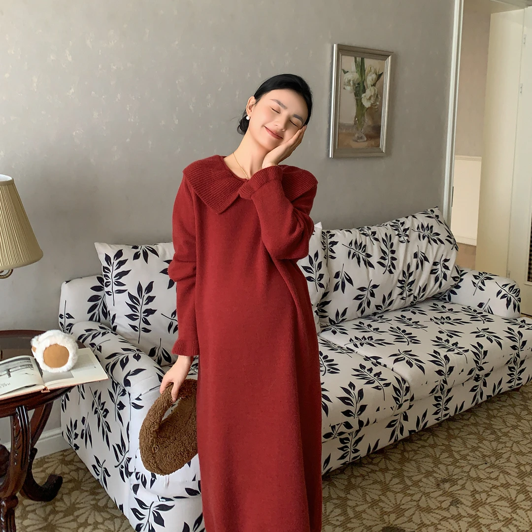 ZMA孕妇装【翻领小花毛衣裙】圣诞红连衣裙冬季翻领针织毛衣裙内搭