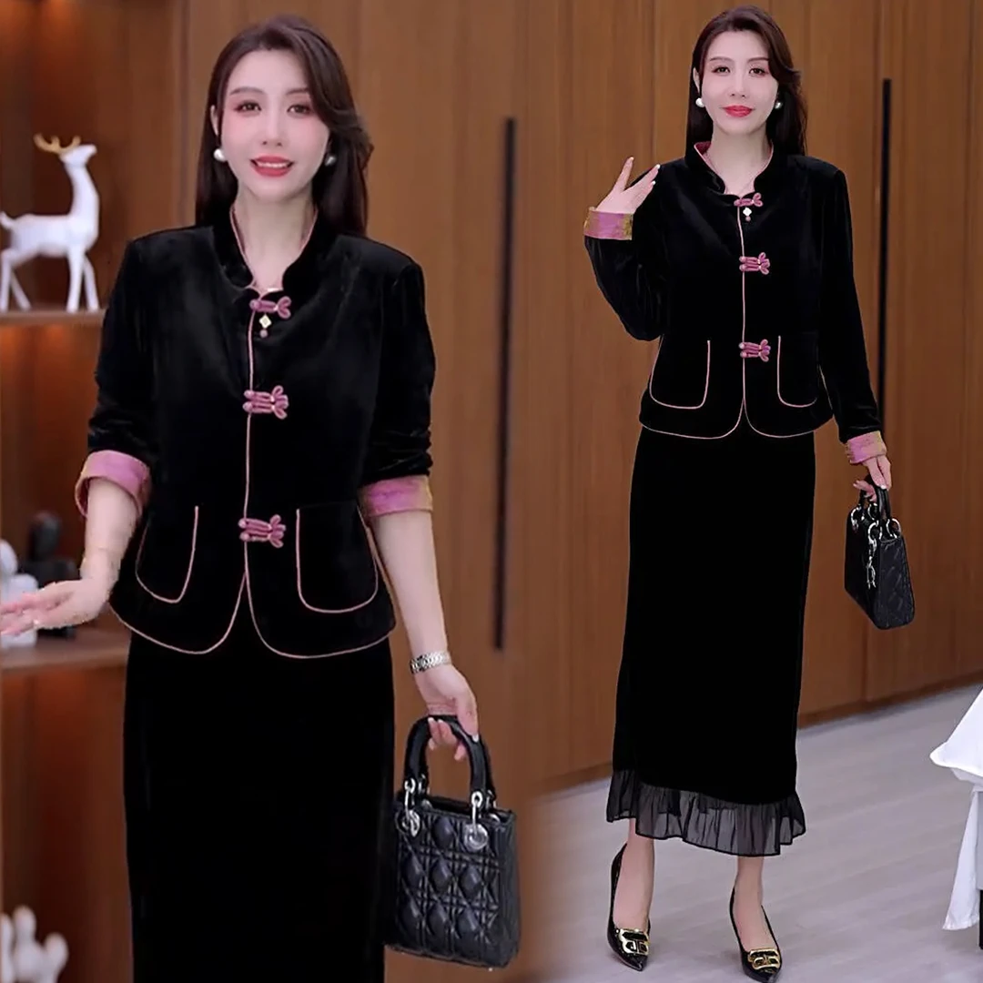 时尚套装女2025秋季新款洋气新中式金丝绒盘扣短外套半身裙两件套