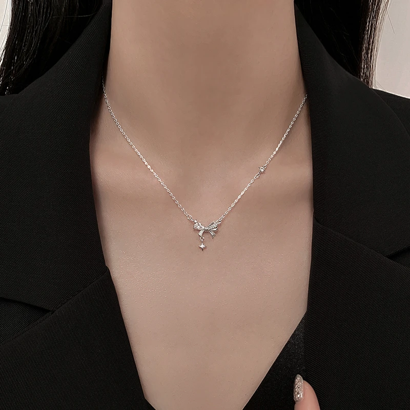 坠链均足银合成锆石 999纯银蝴蝶结项链气质轻奢锁骨链颈链女甜美