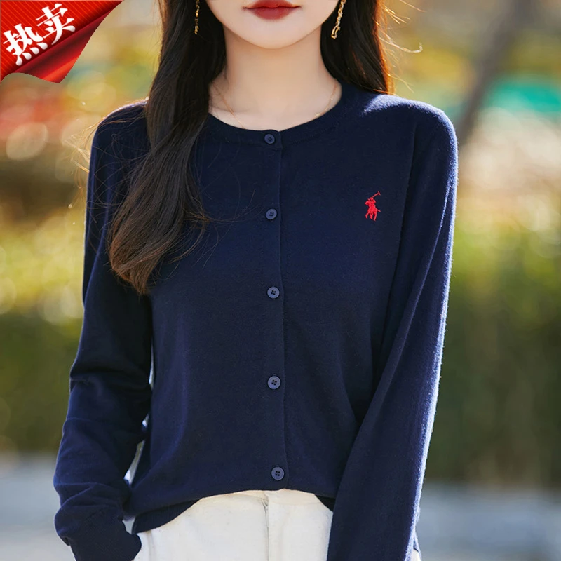 精纺刺绣小马圆领针织开衫极简风圆领上衣外搭春秋