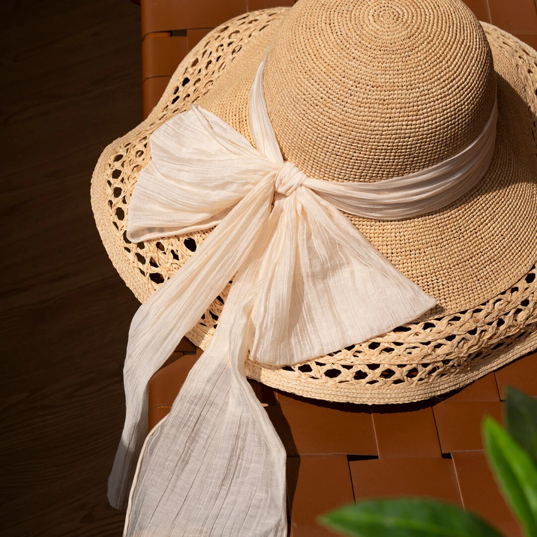 疯帽子进口拉菲草渔夫帽出游度假风蝴蝶结宽檐草帽夏季海边草帽25