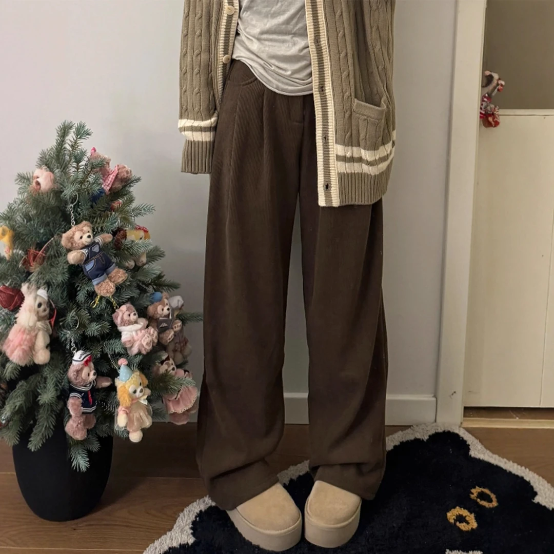 美拉德棕色灯芯绒阔腿裤女秋冬新款胖mm宽松显瘦直筒休闲加绒裤子