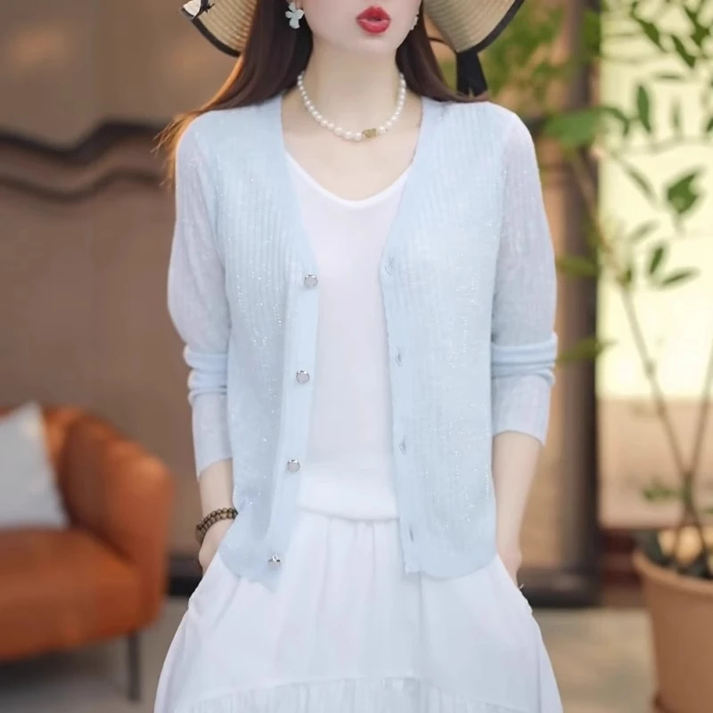 时尚V领针织开衫薄款防晒衣夏季胖MM大码女装空调衫休闲百搭上衣