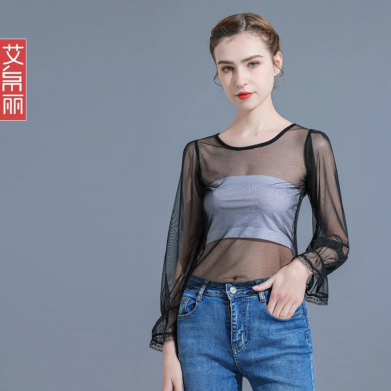 透明薄纱防晒上衣女夏季灯灯笼袖打底衫黑色网红性感内搭网纱t恤