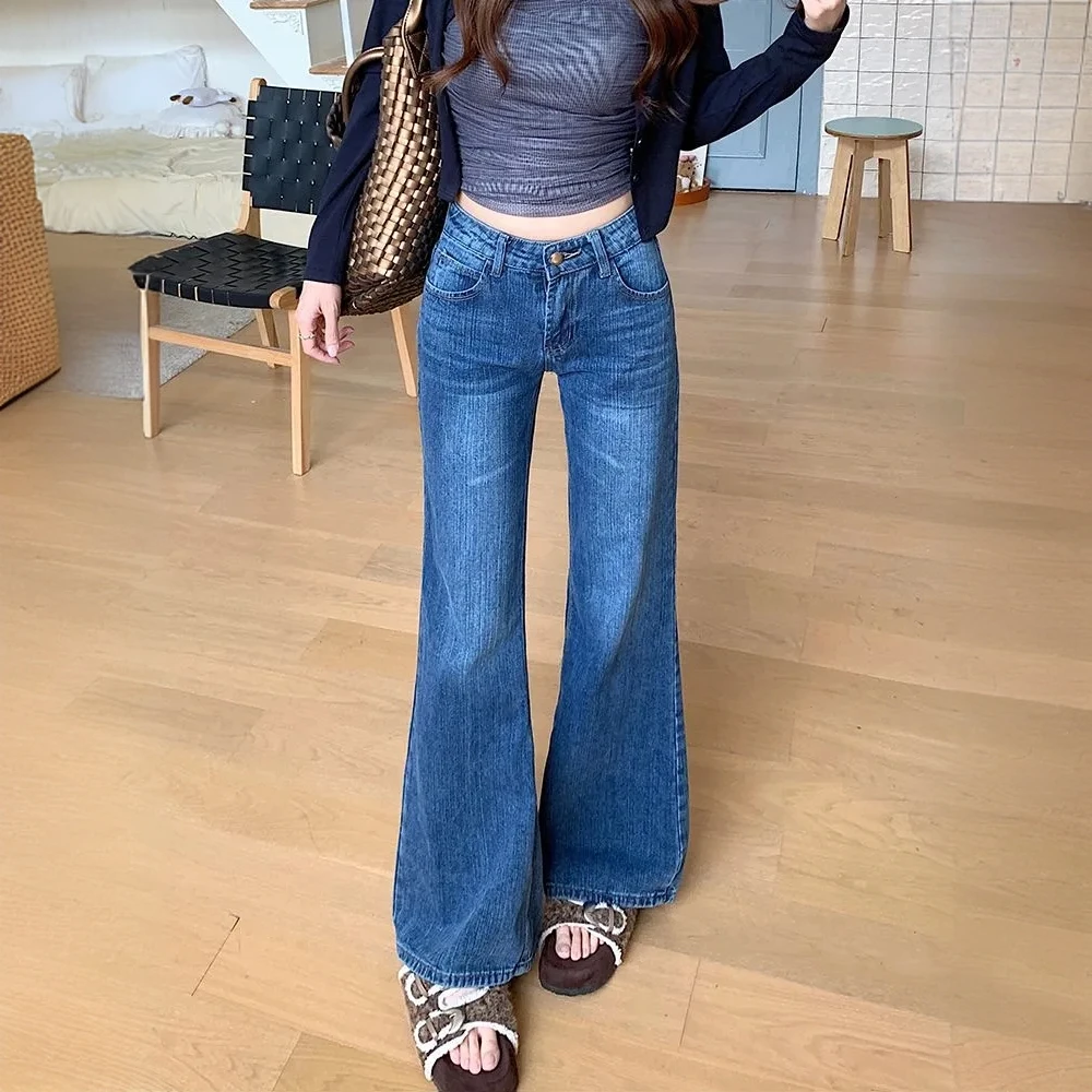 美式辣妹竹节纹低腰微喇牛仔裤女秋季新款百搭不贴腿宽松喇叭长裤