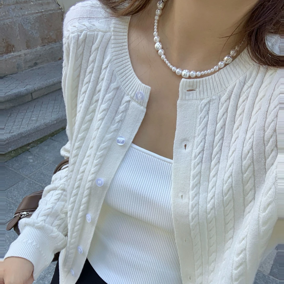 【绵羊毛】羊织道岩穹 灰色绞花针织开衫外套初春新款圆领毛衫