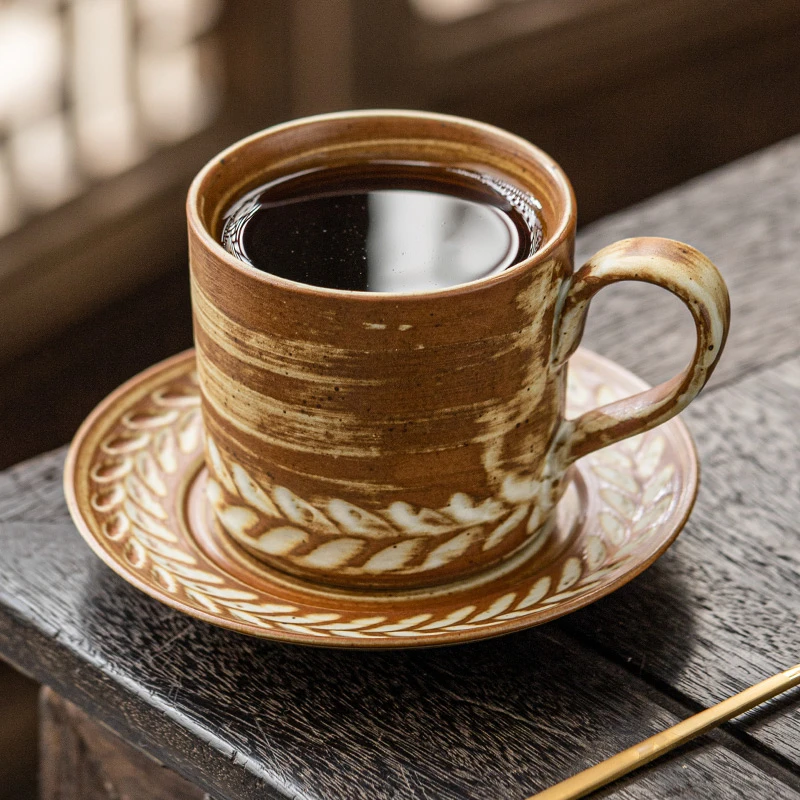 YG小麦纹咖啡杯碟家用复古欧式卡布奇诺拿铁杯子花式咖啡拉花杯