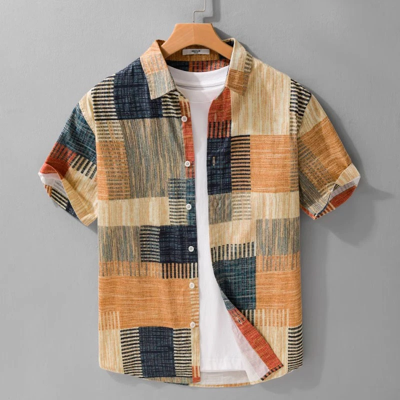 臣吾油画感潮牌印花男士衬衫短袖夏天旅游休闲风个性衬衣男设计感