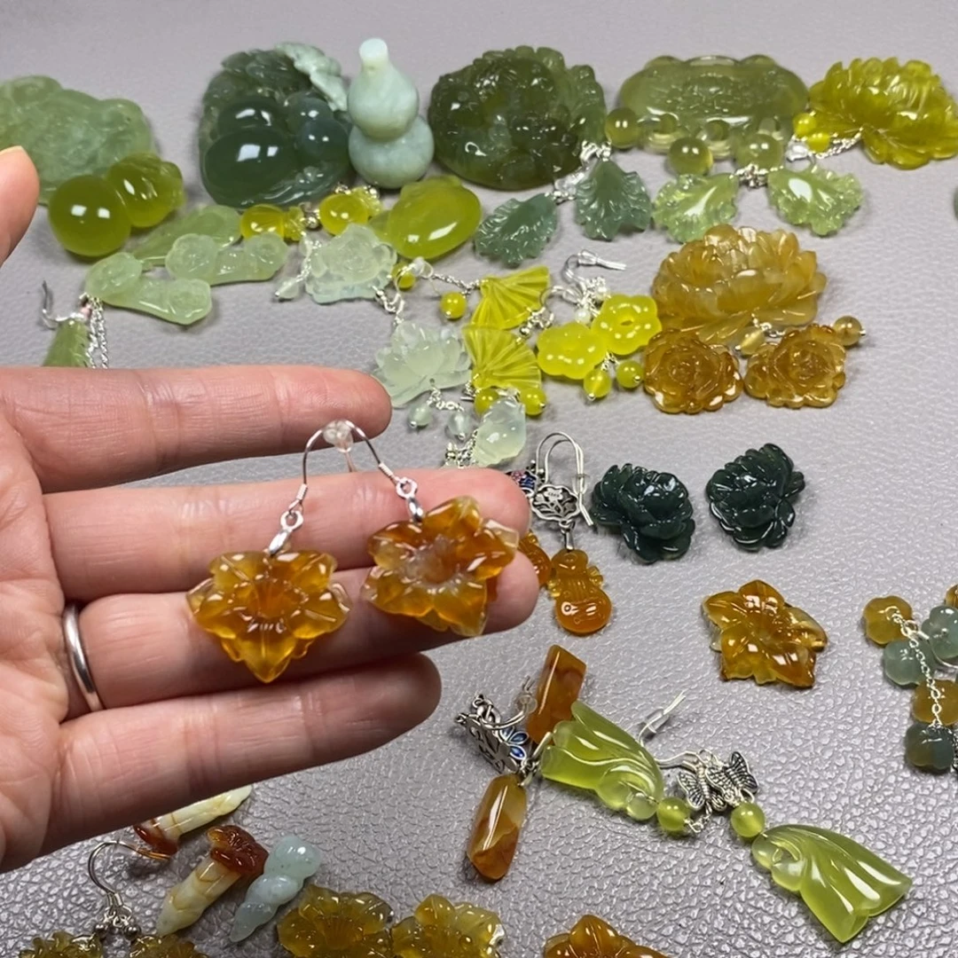 花***柿蛇纹石玉银S925镶嵌挂件耳饰耳环项链