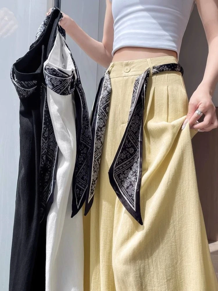 黑色丝巾腰带阔腿裤女式夏季新奥棉垂感高级感民族休闲裤子5828