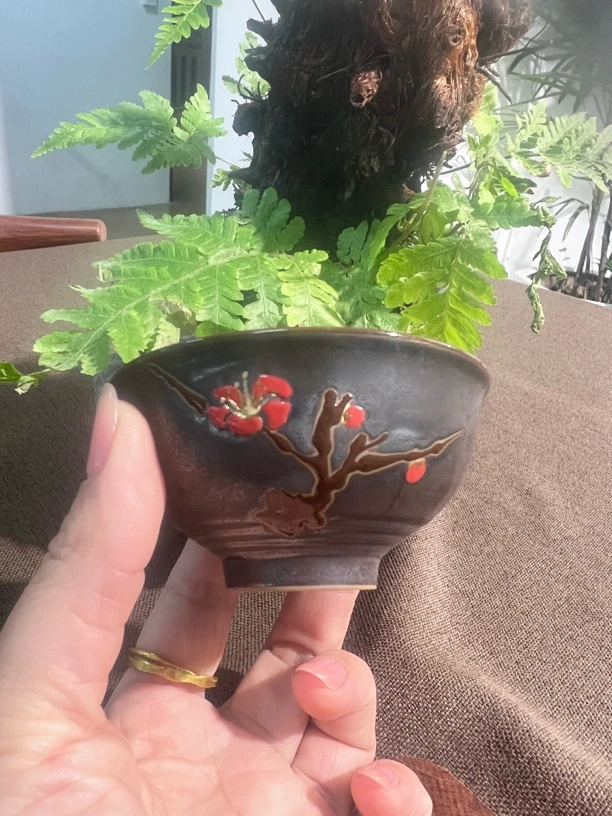 陶瓷茶杯手绘梅花主人杯铁锈釉创意品茗杯茶具单杯