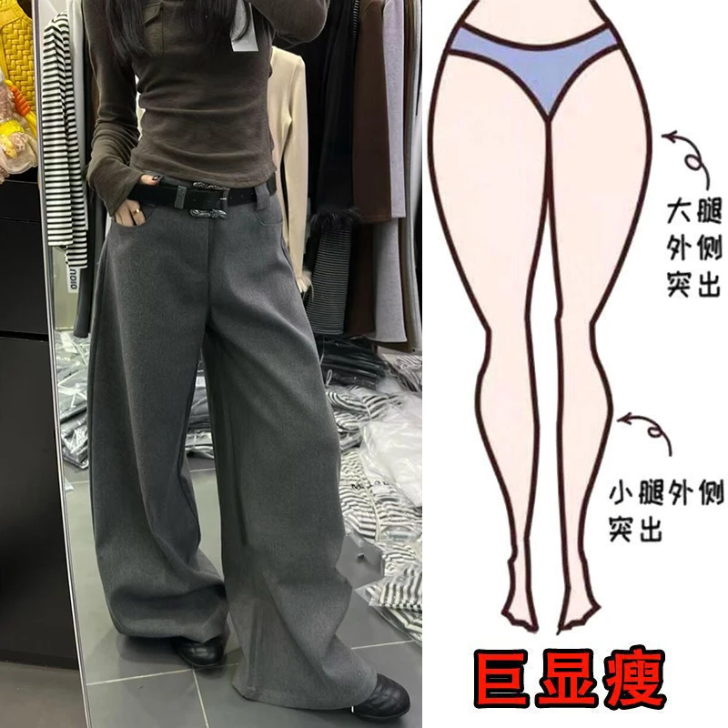 冬季新款韩系宽松遮肉加绒毛呢裤梨型身材显瘦高腰阔腿拖地休闲裤
