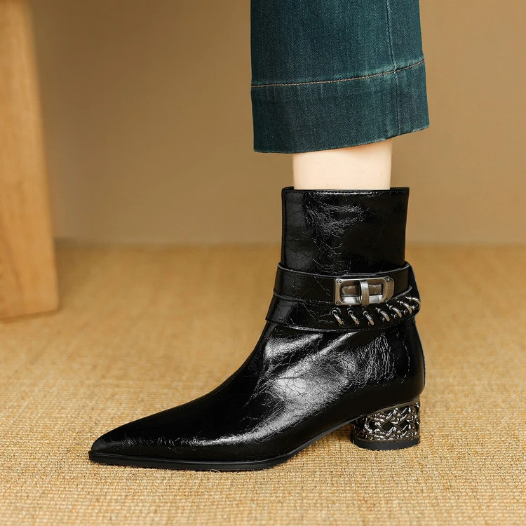 里外真皮～牛皮3.5cm尖头短靴显瘦气质马丁靴女秋冬粗跟时装靴短筒