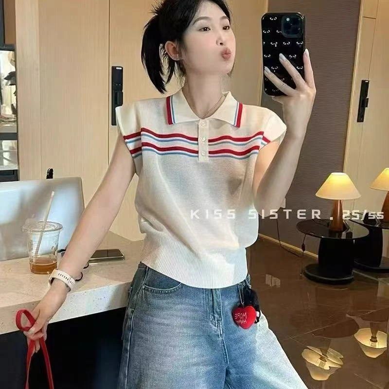 2460 《夏日初恋》2025夏季新款气质条纹拼色polo领针织衫女薄款