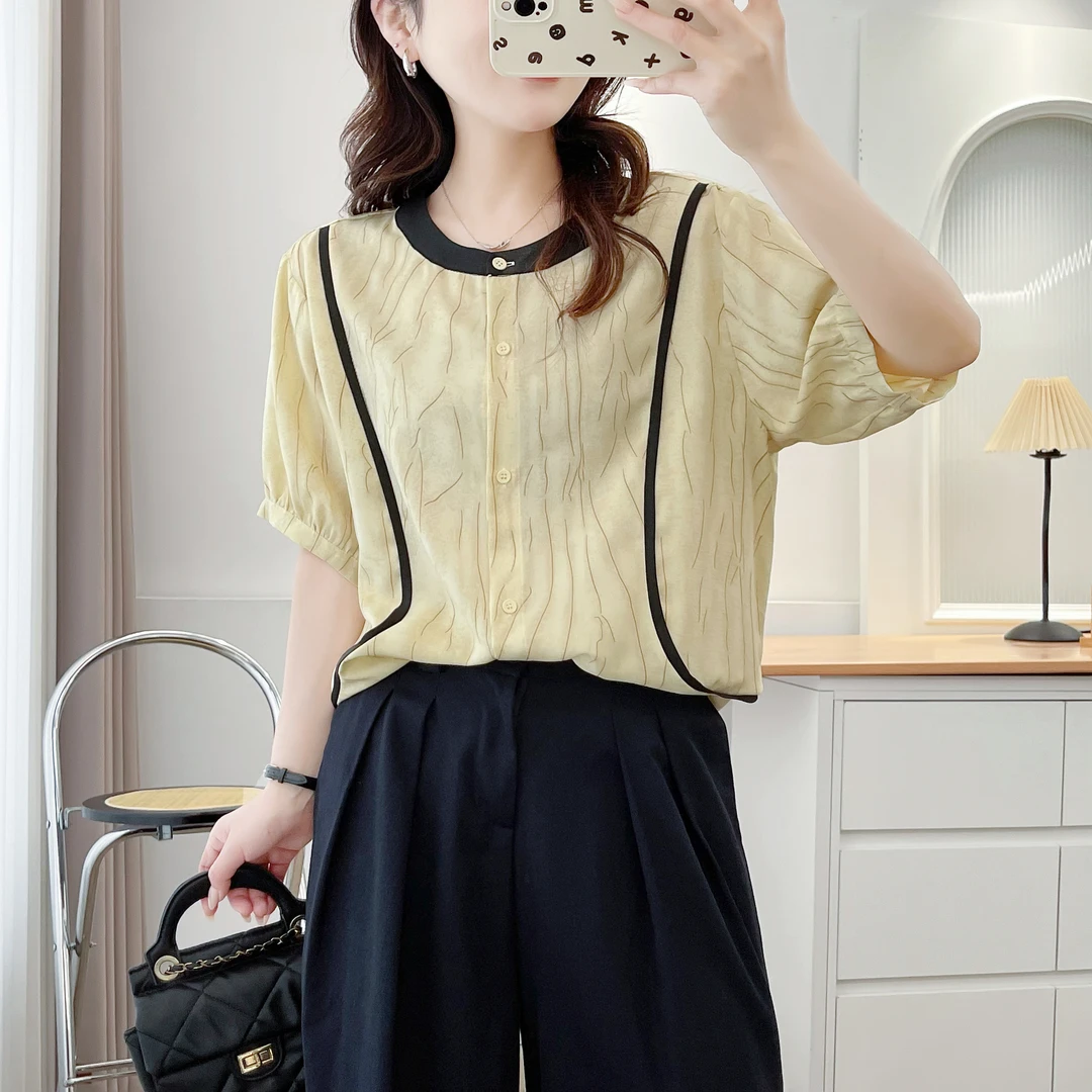 大码女装正肩短袖衬衫女夏季宽松遮肚子显瘦休闲减龄百搭开衫上衣