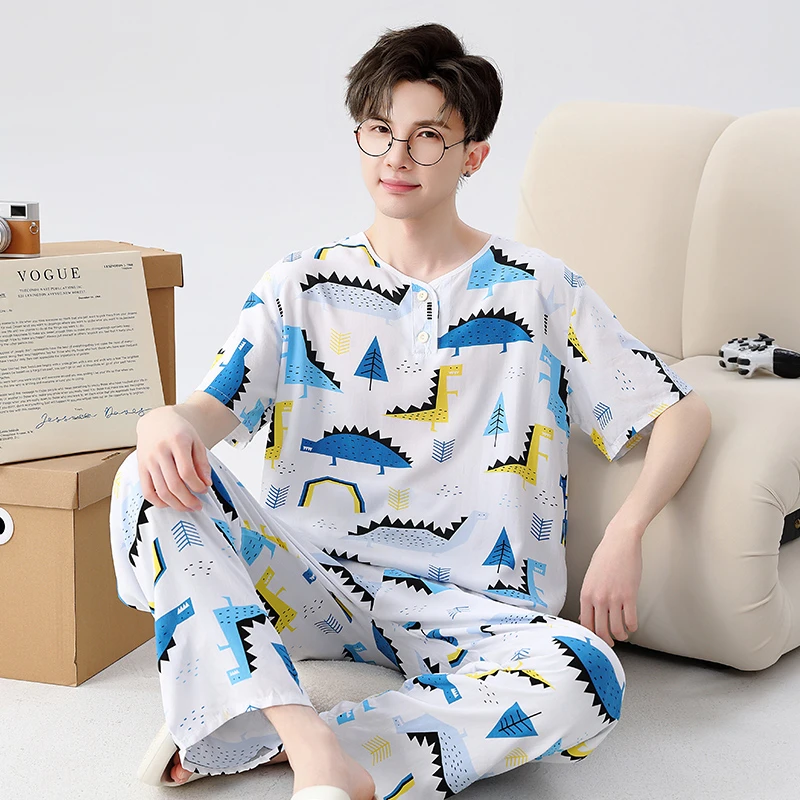 夏季棉绸睡衣男士卡通家居服青少年初中高中学生薄款大童宽松短袖
