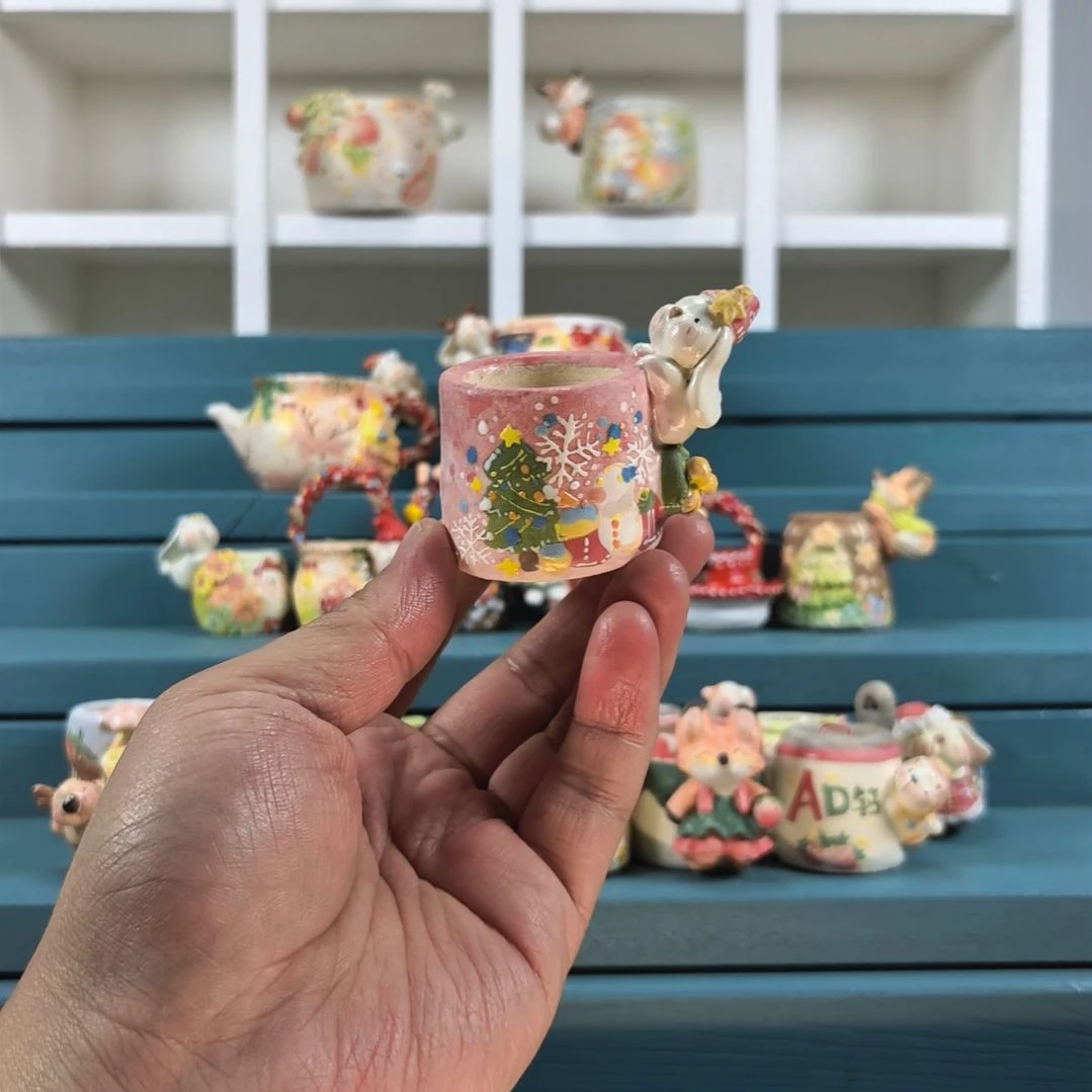 粉色 圣诞兔子 手绘多肉花盆