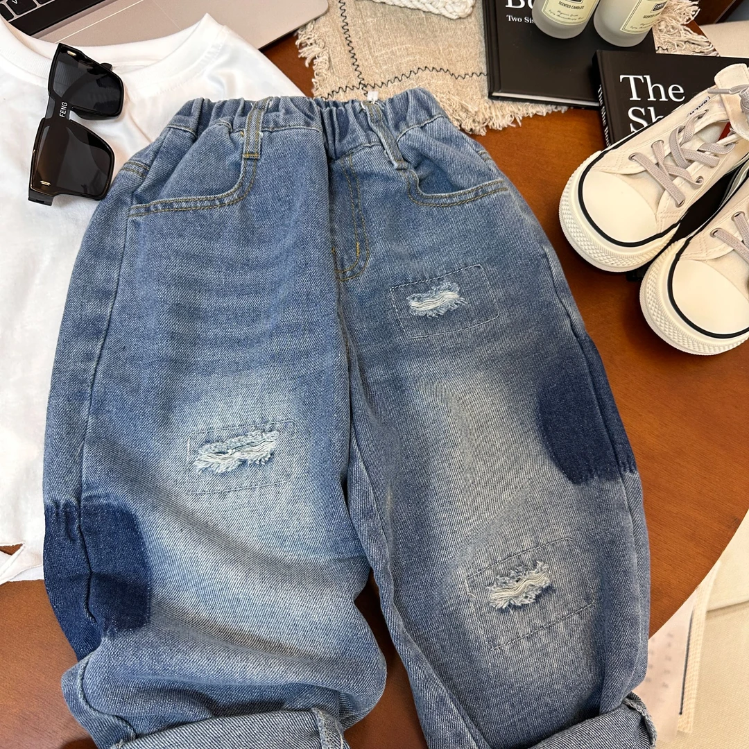 3195休闲百搭洋气流行潮流春款男女童破洞牛仔裤