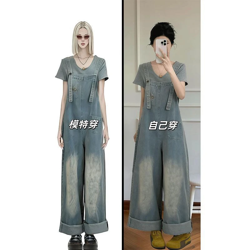 【店铺热销】复古减龄牛仔背带裤女春季新款设计感宽松阔腿显瘦直筒