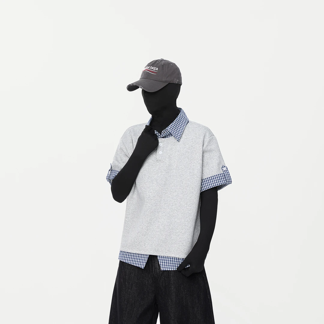 FANGWANG复古格纹假两件拼接POLO短袖衬衫男夏季高级感学院风T恤