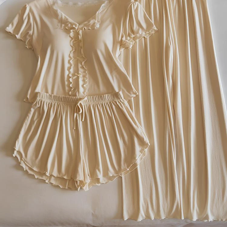 越穿越喜欢~莫代尔睡衣女夏季短袖短裤两件套薄款带胸垫家居服ins