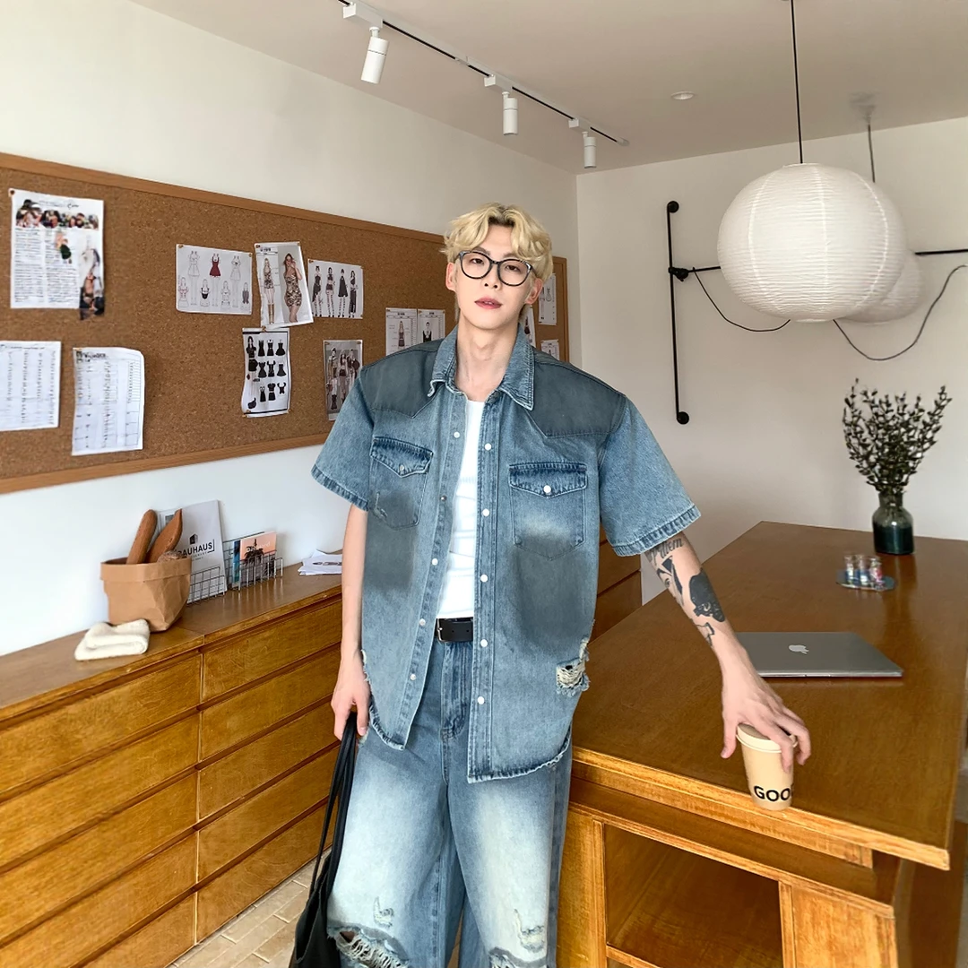 AP MMDD美式复古做旧破洞韩系cleanfit男夏季潮牌短袖衬衫两件套