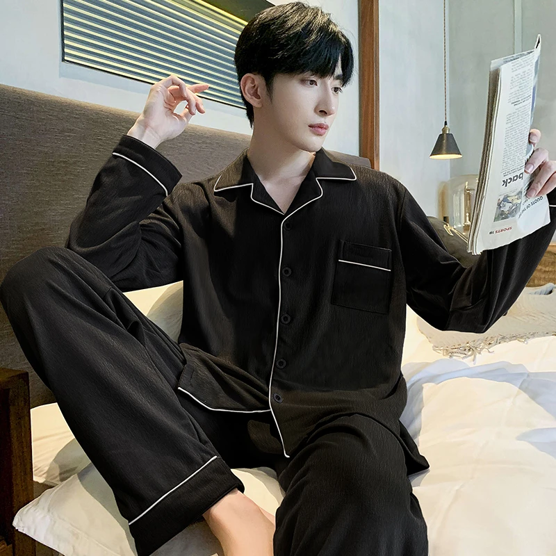春秋季睡衣男士云朵棉长袖长裤薄款黑色男式家居服宽松套装可外穿