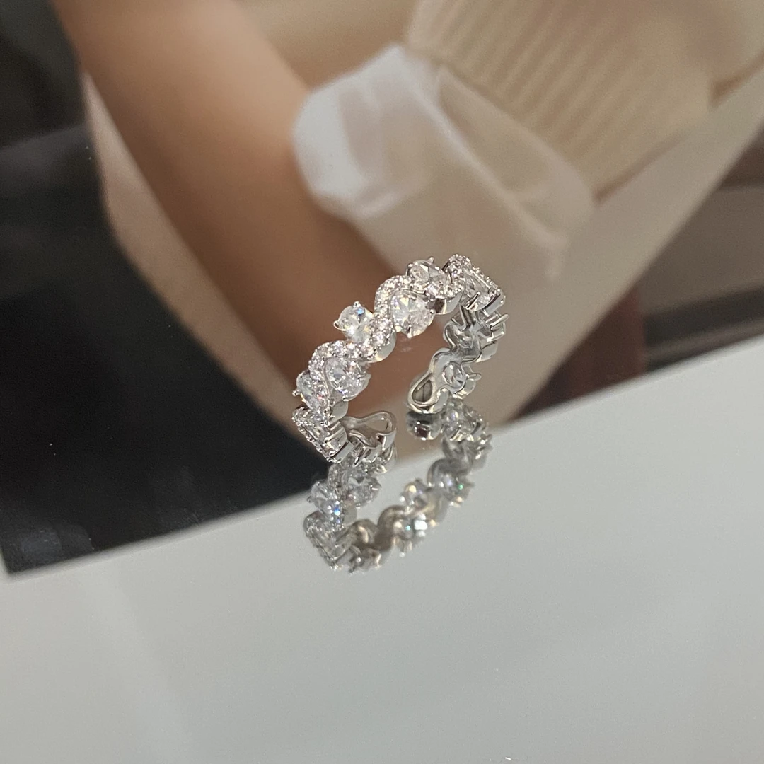 925银锆石戒指 镀白金  波浪小圆糖  高级感开口可调节戒指J1933