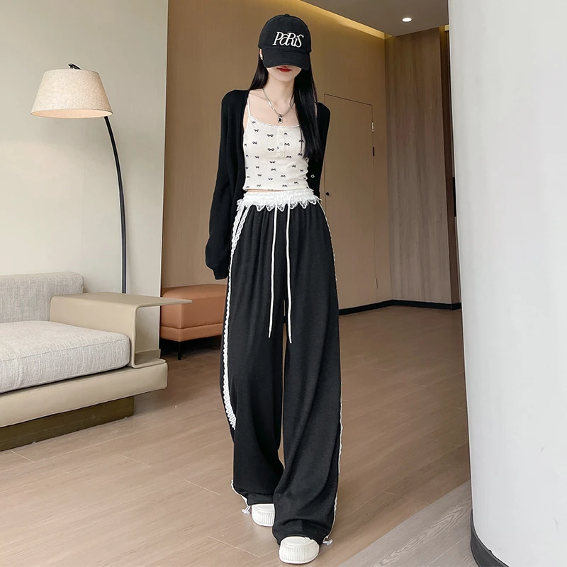 甜酷蕾丝阔腿裤女春秋软糯垂感高腰显瘦直筒裤时尚百搭休闲拖地裤