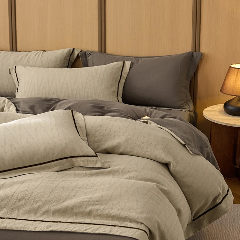 轻奢高级感丨双拼色提花四件套纯棉全棉床单被套复古色织提花床品