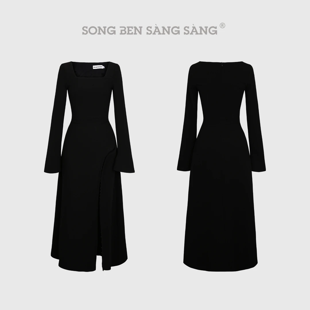 松本丧丧纯欲黑色开叉裙摆气质梭织长袖秋冬显瘦连衣裙B253Q1688