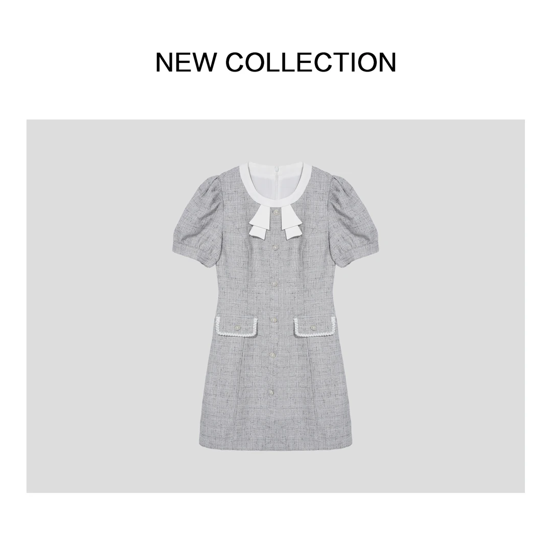 《婷婷专属》L1F27090 复古优雅灰色泡泡袖连衣裙