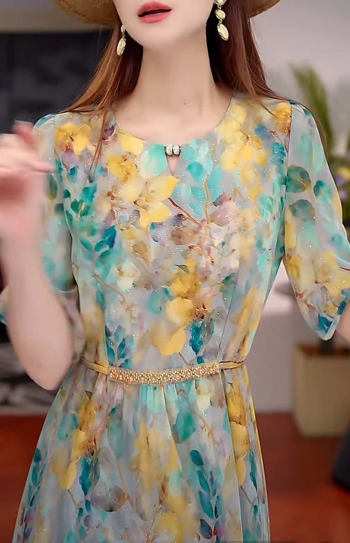 TT-【荷塘月色】25新款时尚收腰系带连衣裙