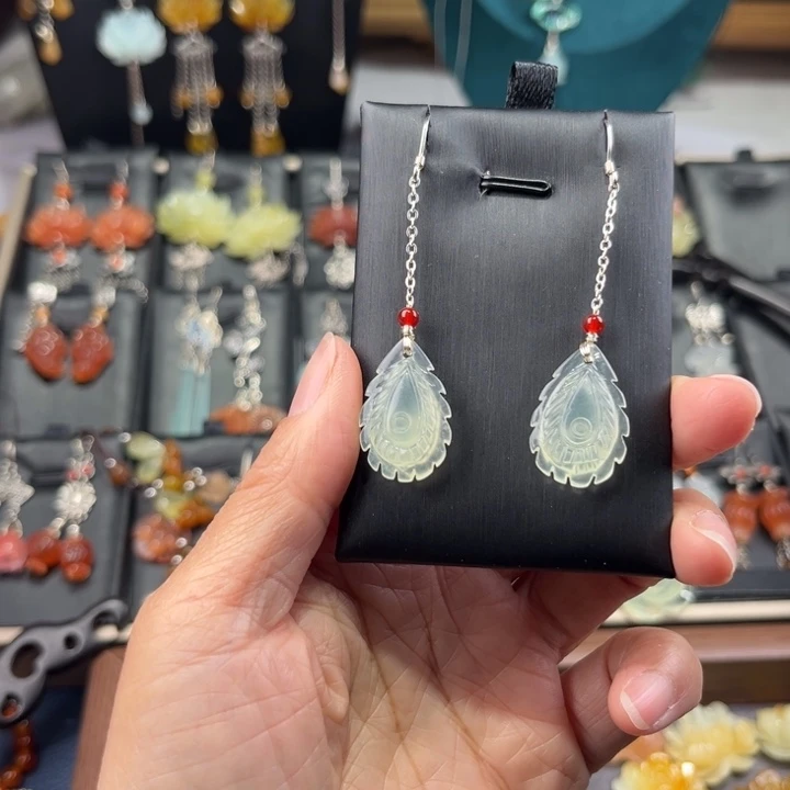 蛇纹石玉银S925镶嵌耳饰