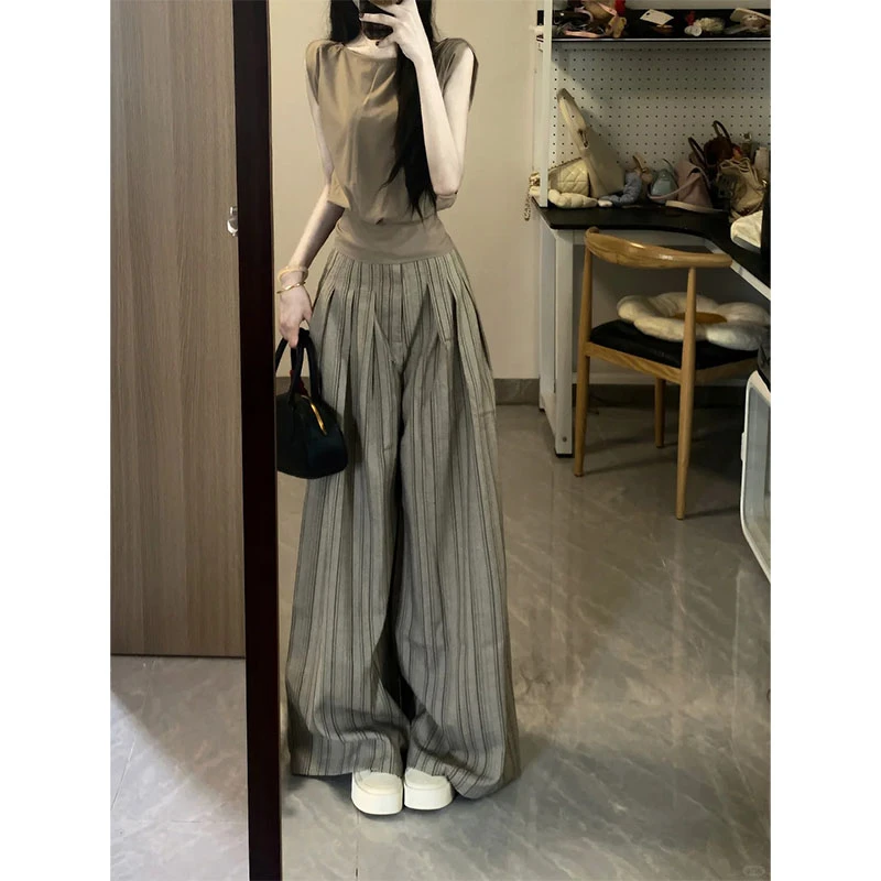 老钱风夏季新款2025高级感后绑带无袖上衣高腰宽松直筒阔腿裤长裤