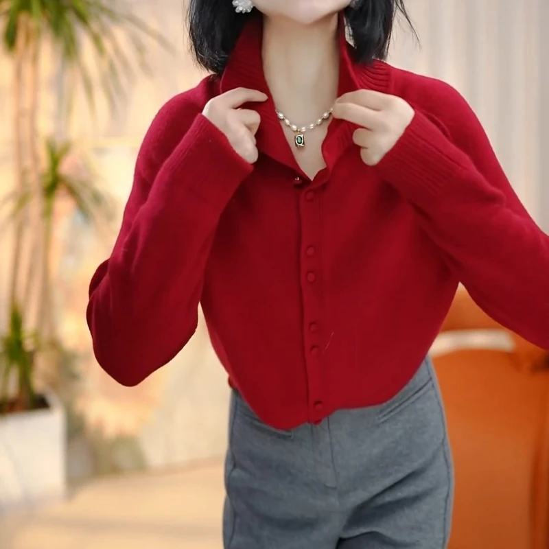 立领包扣针织毛衣开衫女秋冬高级感气质时髦上衣LK2501146