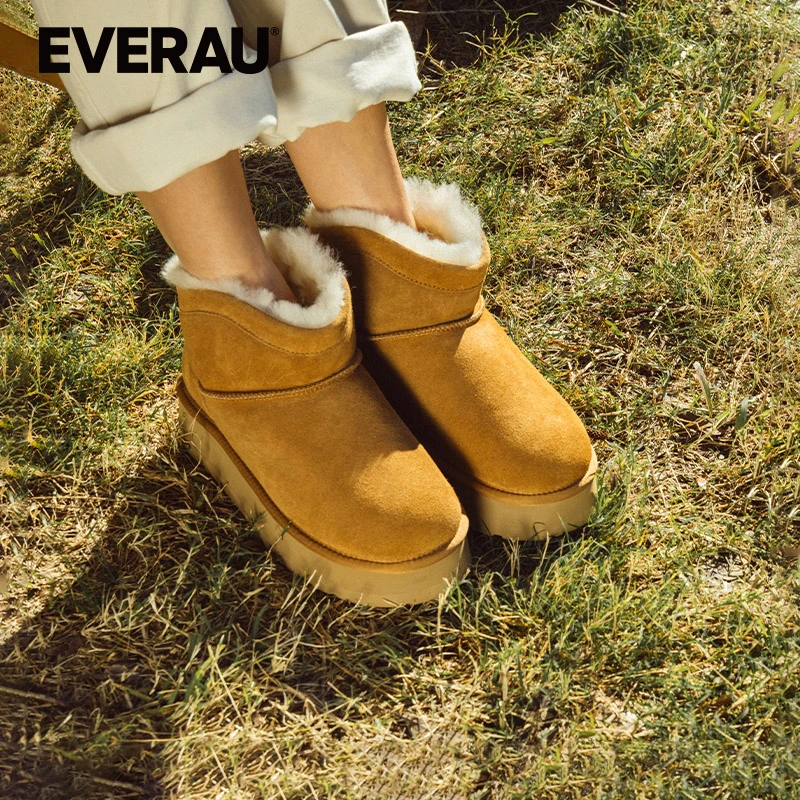 EVERAU冬季女士雪地靴时尚加厚保暖皮毛一体增高短筒靴女靴EA3181
