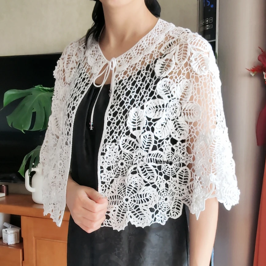 【花影披肩】爱尔兰钩针6号蕾丝优雅小披 视频教程+模版-非成品