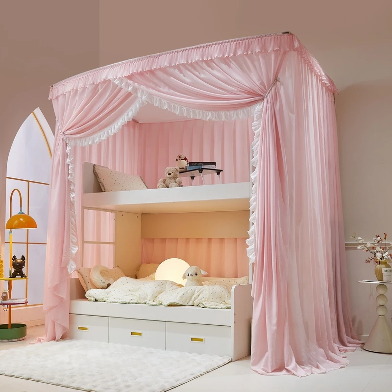家用卧室加厚遮光双层防尘上下铺公主风雪纺子母一体式伸缩蚊帐夏