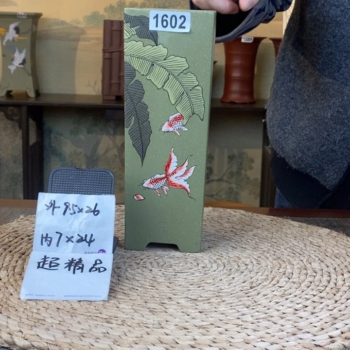 紫砂花盆  超精品果绿金玉满堂手绘签筒1602