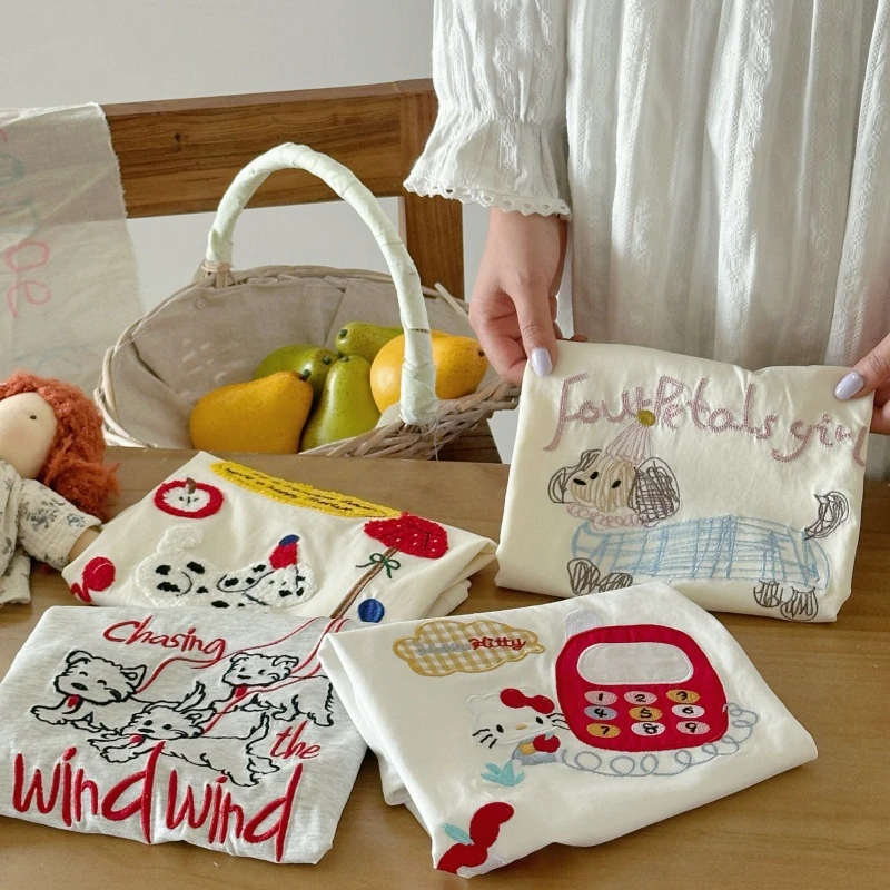 【橘子家】女童夏款韩系简约圆领短袖T恤儿童卡通百搭上衣HS62282