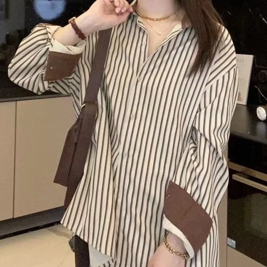 2023年早春装新款竖条纹衬衫女长袖设计感小众复古港女微胖白衬衫