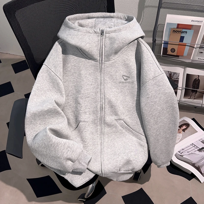 jtrt美式设计感浅灰色连帽开衫卫衣ins秋冬季男女情侣款百搭外套