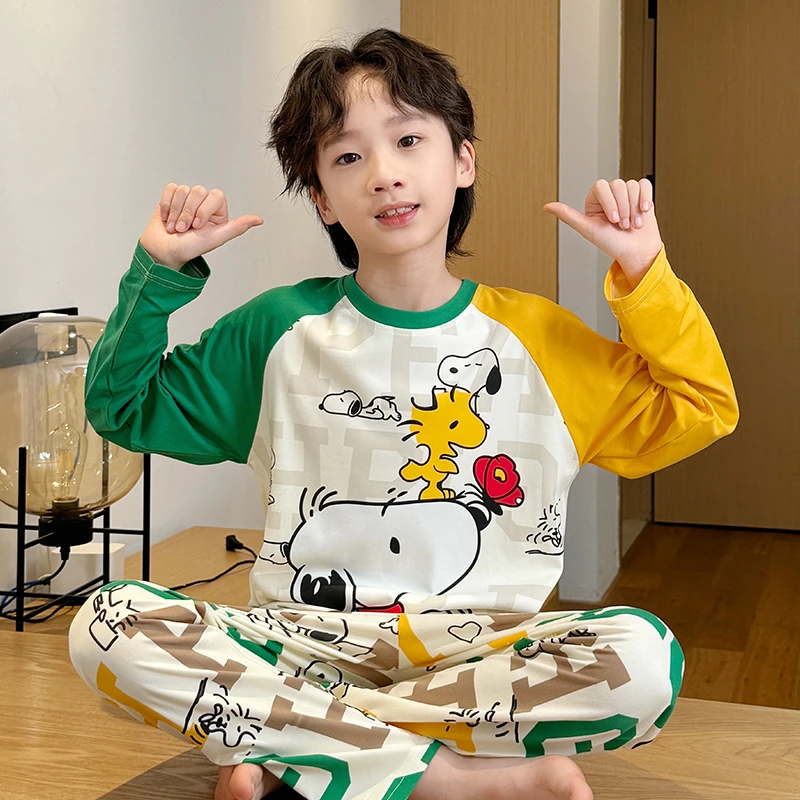 男童圆领睡衣春秋卡通图案长袖男孩儿童中大童宝宝家居服2025新款