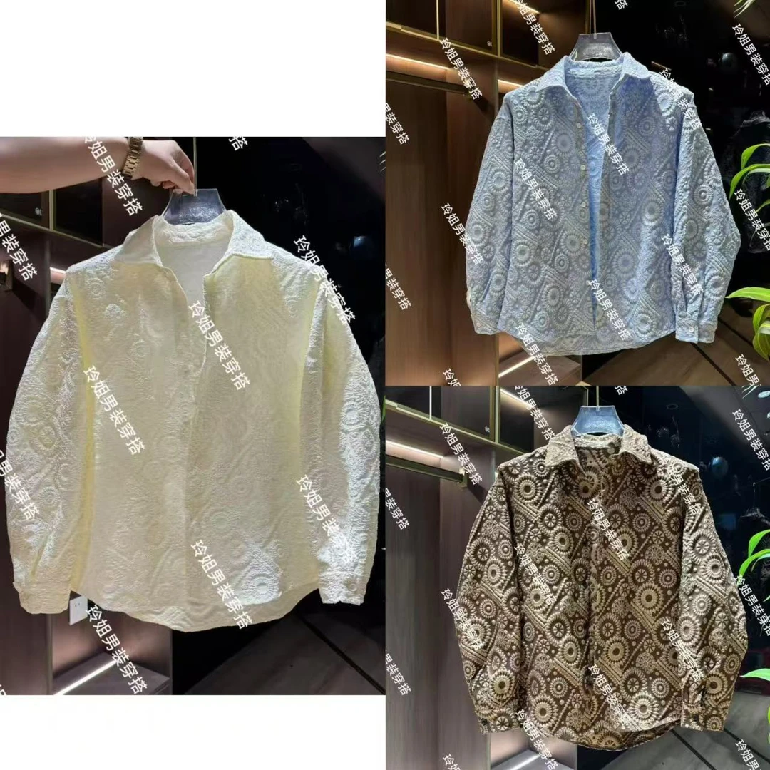 春夏新款时尚潮流休闲衬衫外套百搭长袖男士重工宽松设计感衬衣