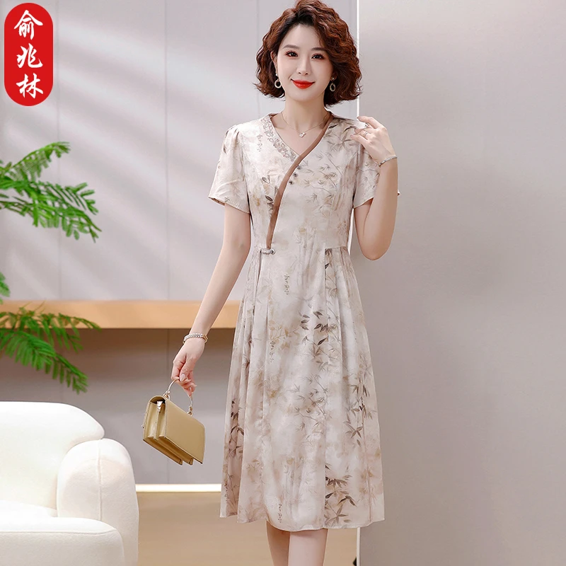 俞兆林妈妈装新款印花洋气连衣裙中老年女装夏季气质百搭国风裙子